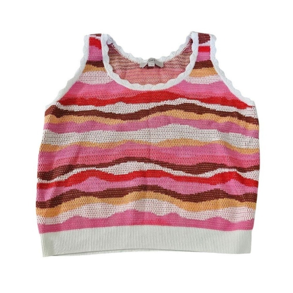 LOFT Knit Sweater Tank Top Womens Large Pink Wavy Stripe Scalloped Trim